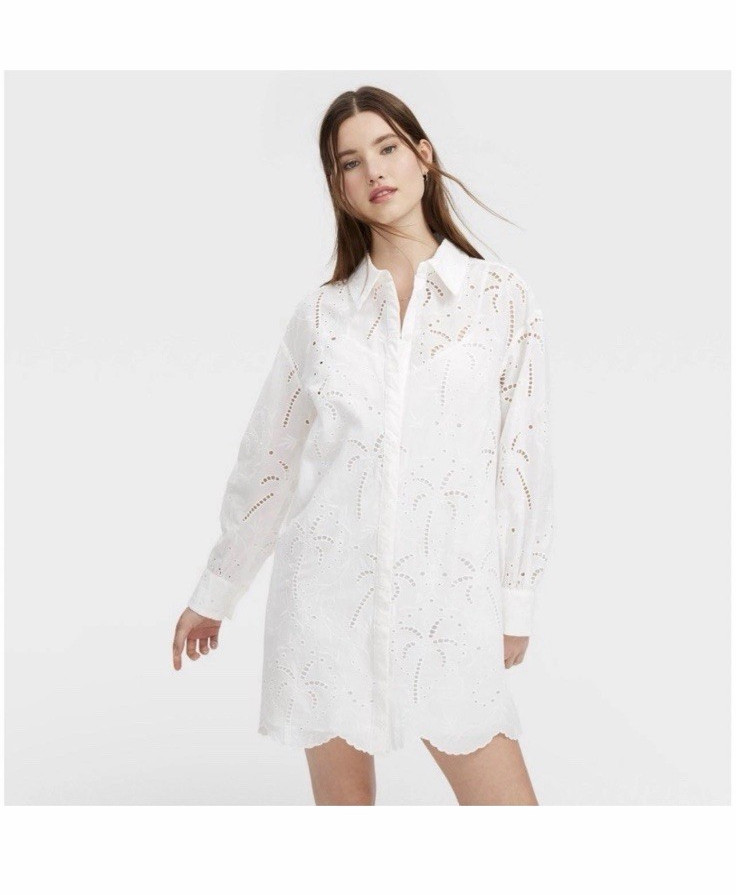Roller Rabbit White Cotton Eyelet Palm Tree Button Shirt Dress Short M
