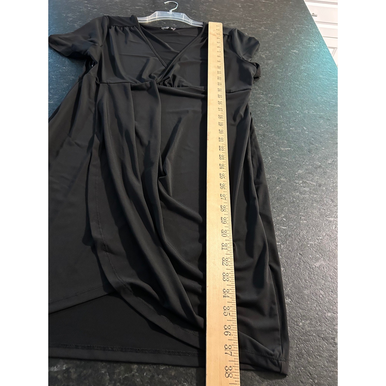 SHEIN CURVE Black V-Neck Faux Wrap Tulip Hem Dress 2XL Plus Size Short Sleeve