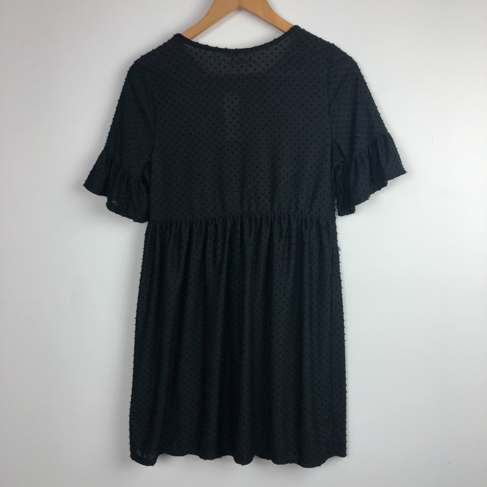 NWT Dee Elly Women’s Swiss Dot Bell Sleeve Dress Elastic Waist Black Size Medium
