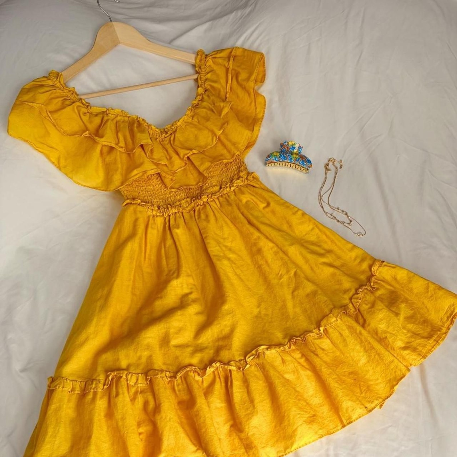 Happy x Nature Vibrant mustard yellow ruffled mini dress