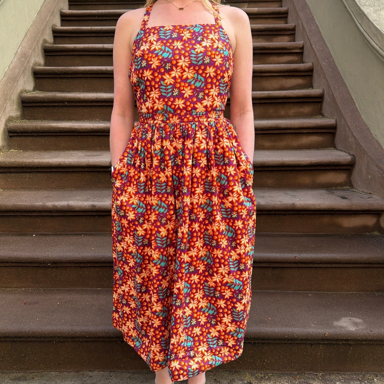 Retro Floral Halter Midi Dress Open Back Button Front Orange Purple Boho Summer