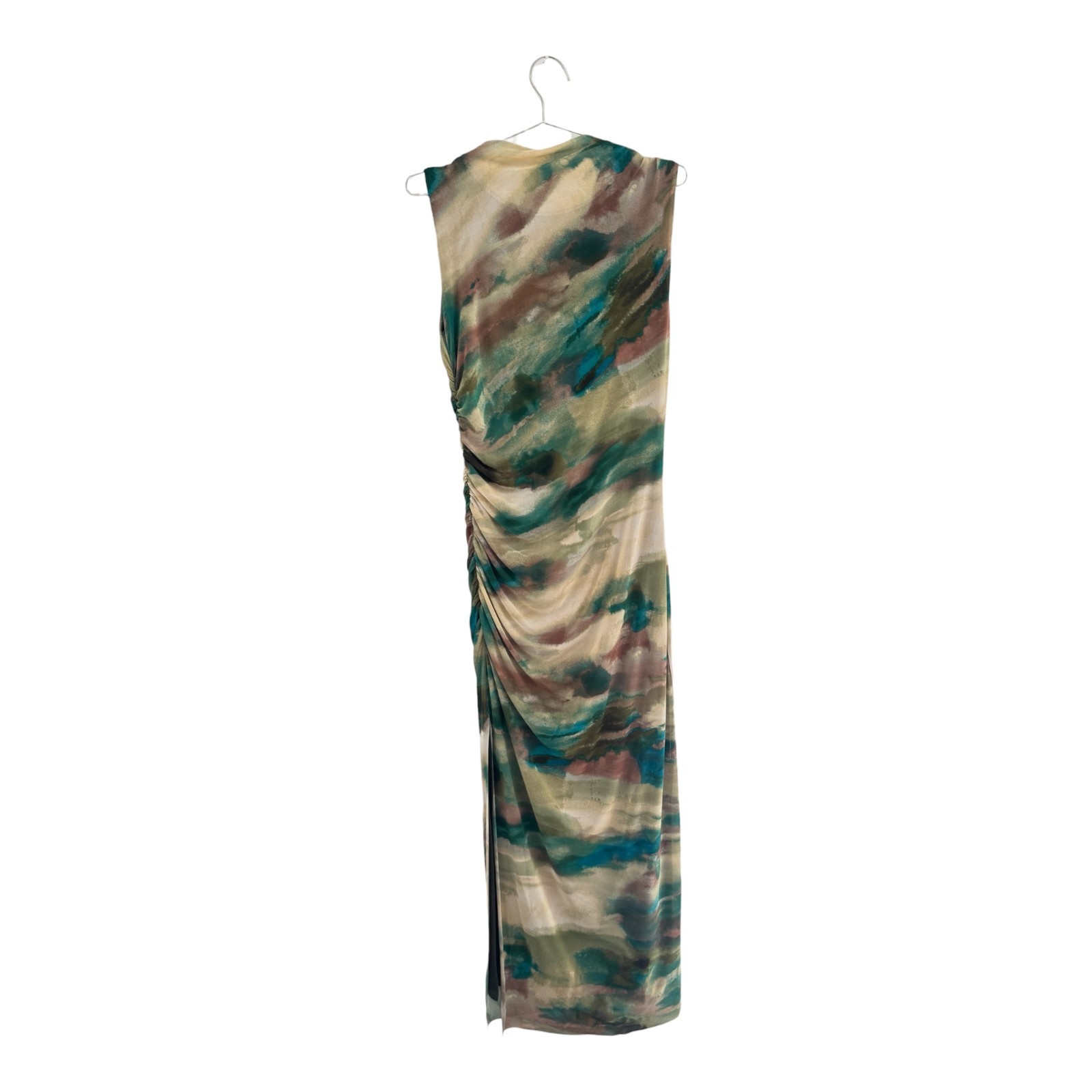 Socialite Ruched Sleeveless Abstract Watercolor Mesh Dress in Olive/Teal Size M