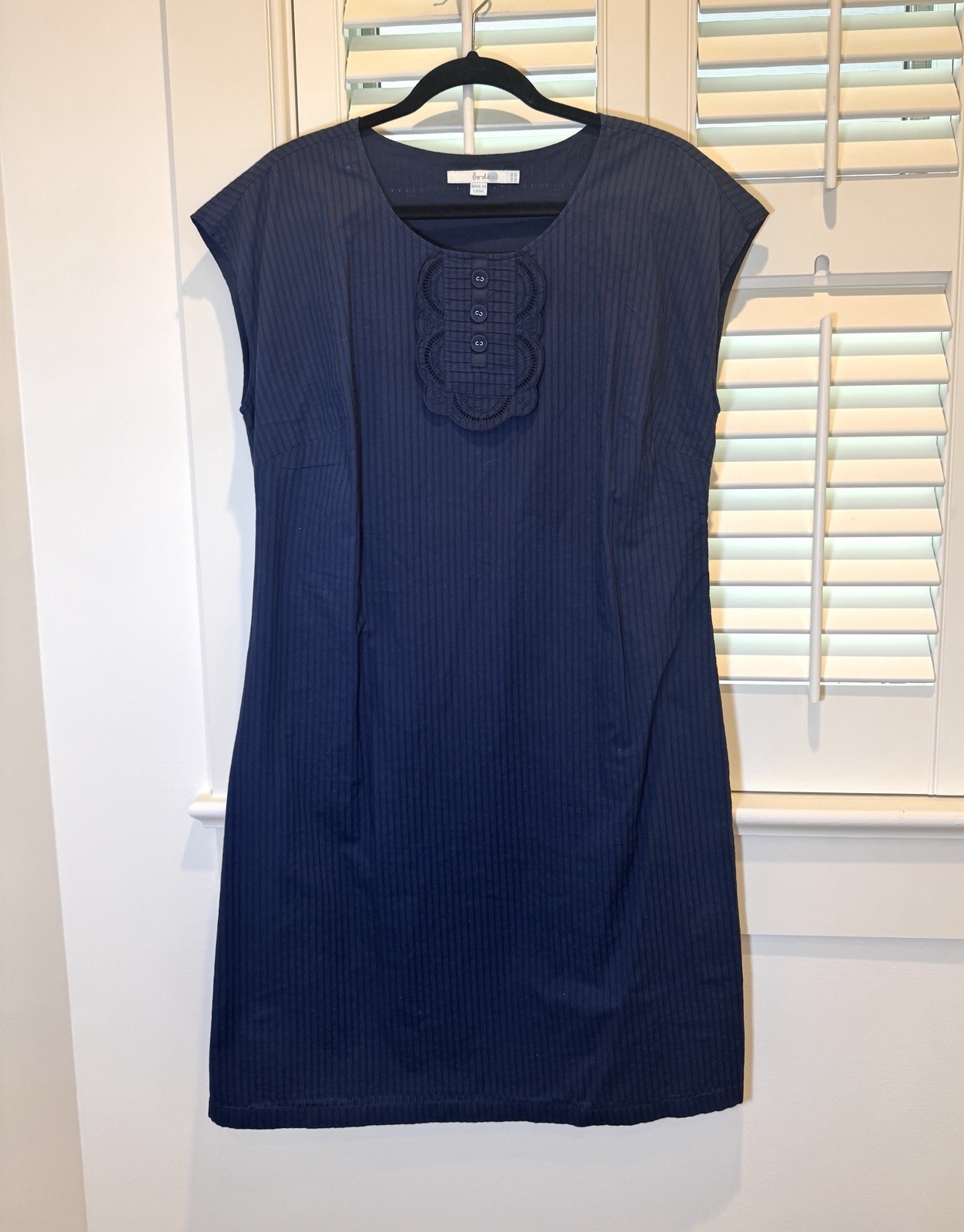 Boden Navy Blue Pinstripe Dress Size 12L Sheath Side Zip Cotton