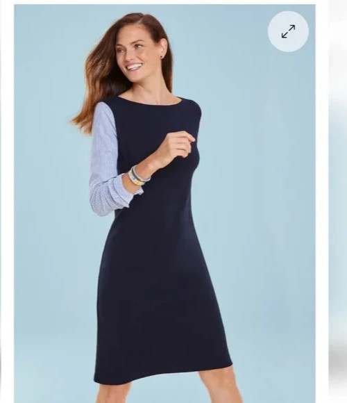 NEW Fall Talbots Stripe Interlock Shift Dress knit Indigo Blue womens medium m