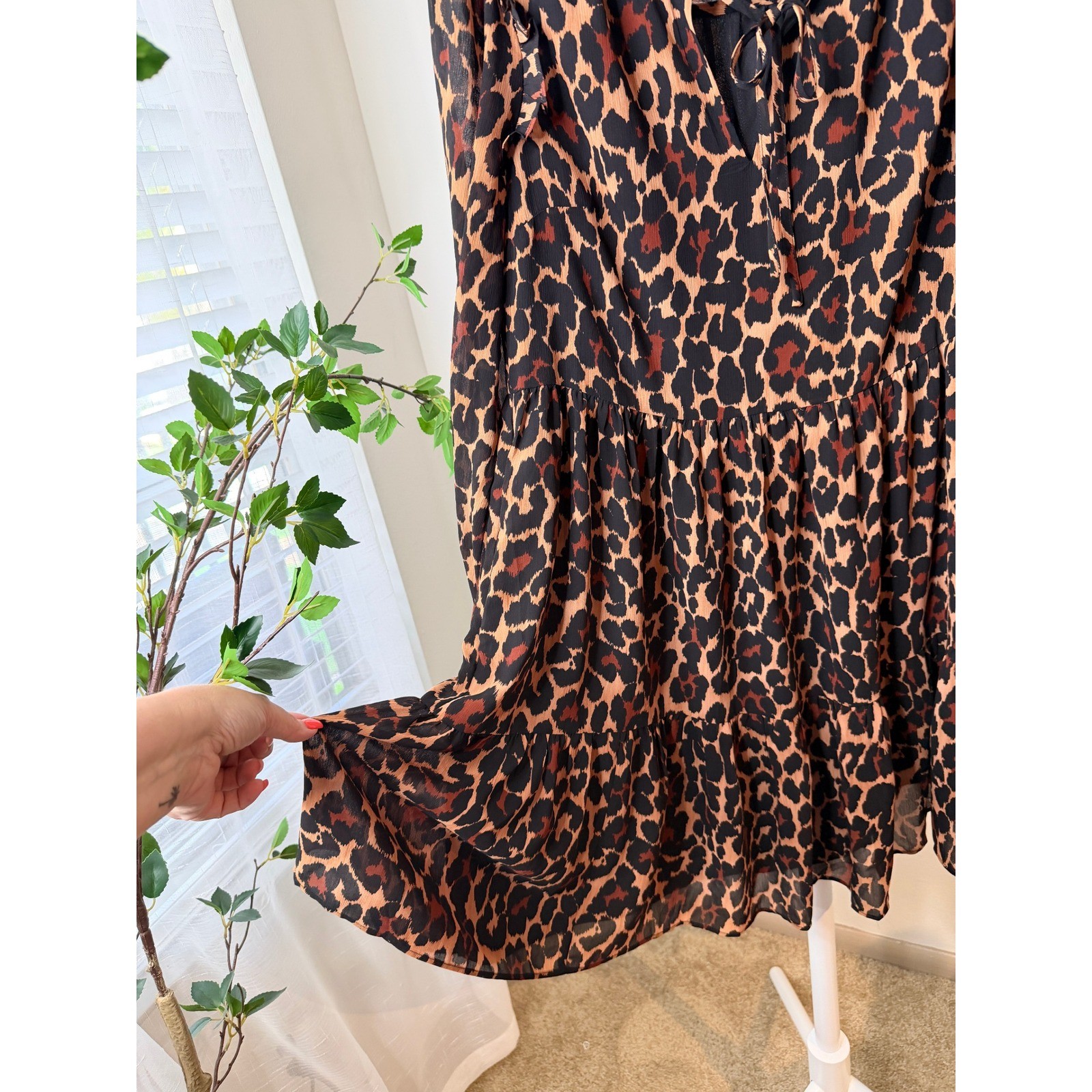 J.Crew Leopard Print Tiered Mini Dress Small Ruffle Tie Neck Long Sleeve Brown