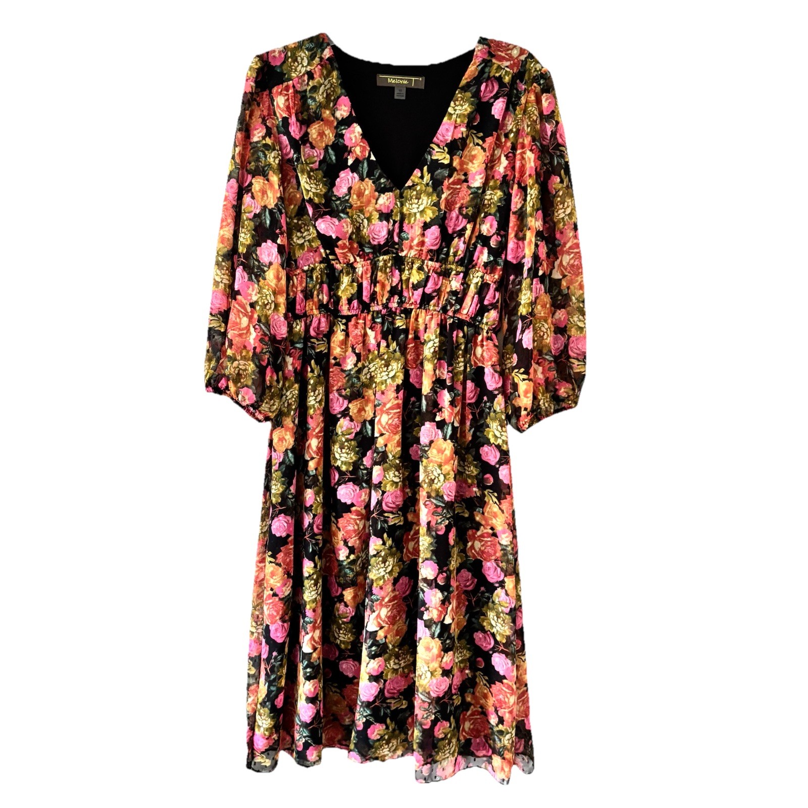 MELONIE T Size 10 A-Line Dress Black Pink Green Floral 3/4 Sleeve Midi