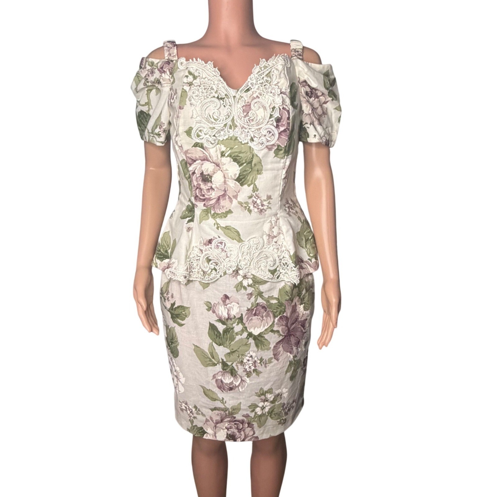 Scott McClintock Floral Peplum Dress Lace Applique Cottagecore Garden Party 10