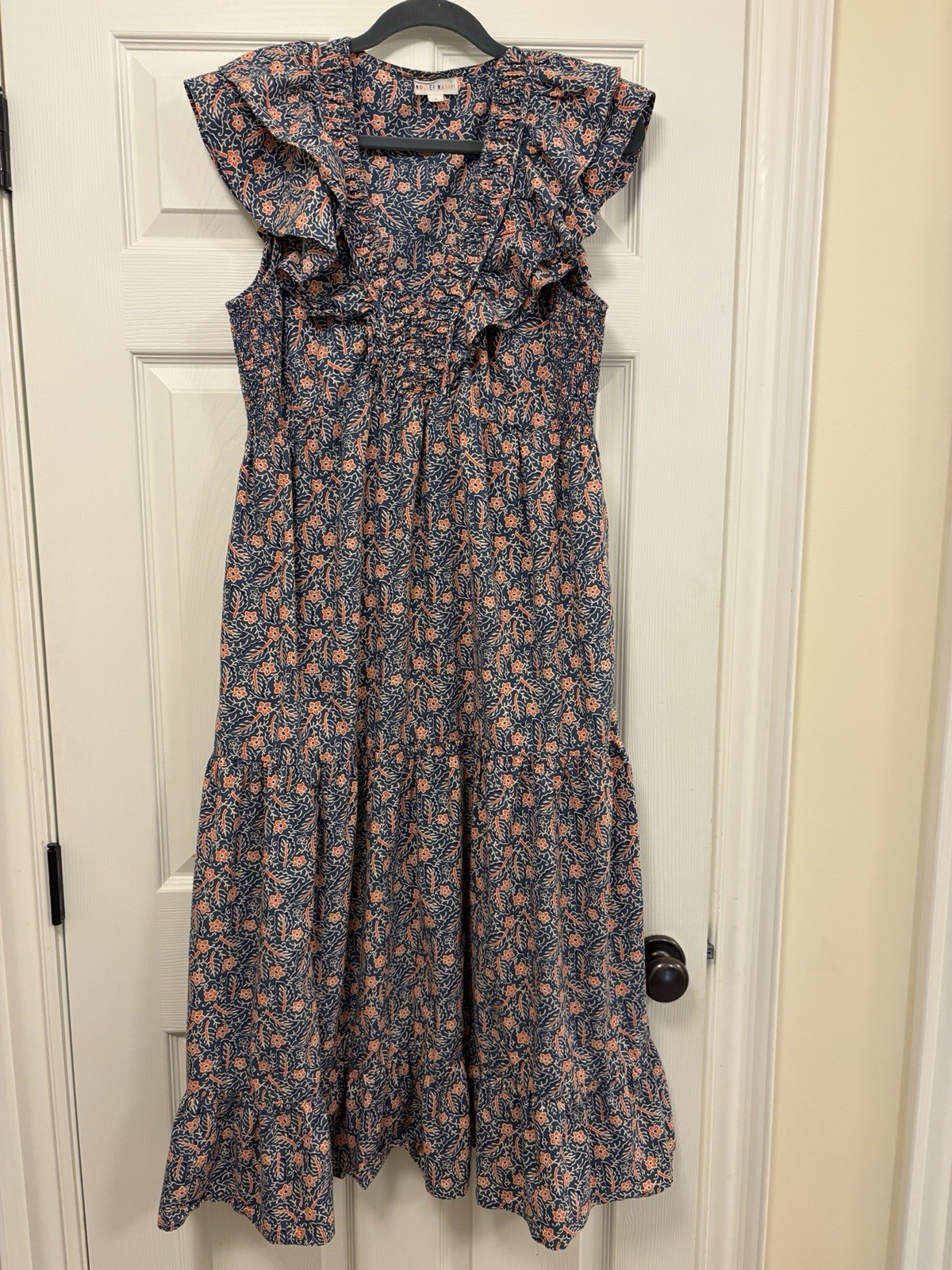 Roller Rabbit cotton ruffle dress size Large blue and orange floral, pockets!