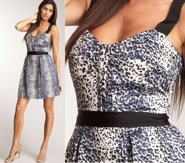 Guess Navy Grey Animal Print Grosgrain Ribbon Clasp Front Fit & Flare Dress