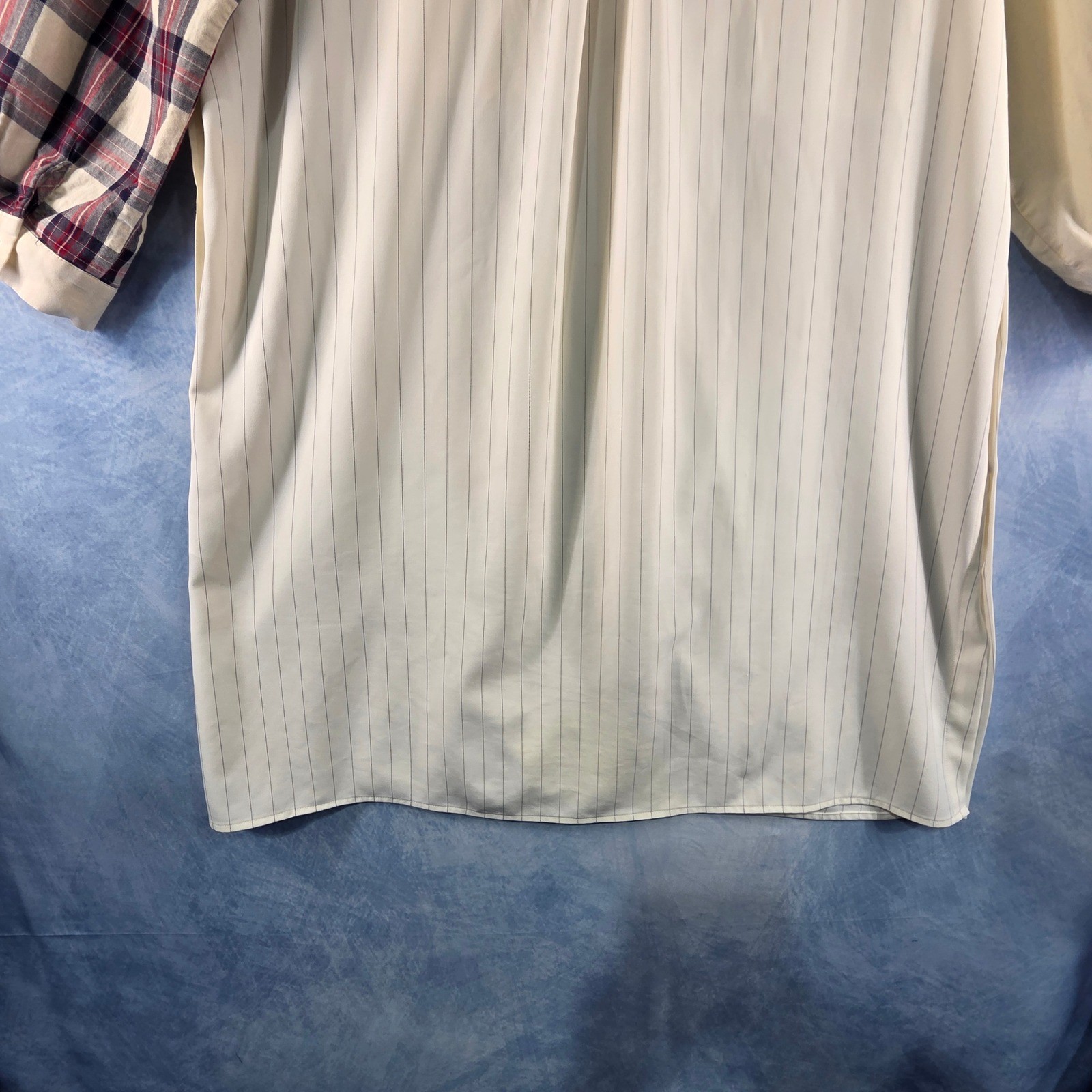 Hobak Womens Patchwork Plaid Pinstripe Oversized Button Front Shirt Dress Cream