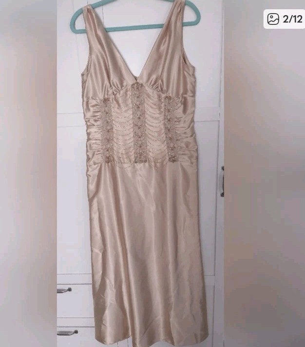 Jessica McClintock Vtg Beaded sz 12 8-10? Blush Gold Satin Dress Maxi Stunning
