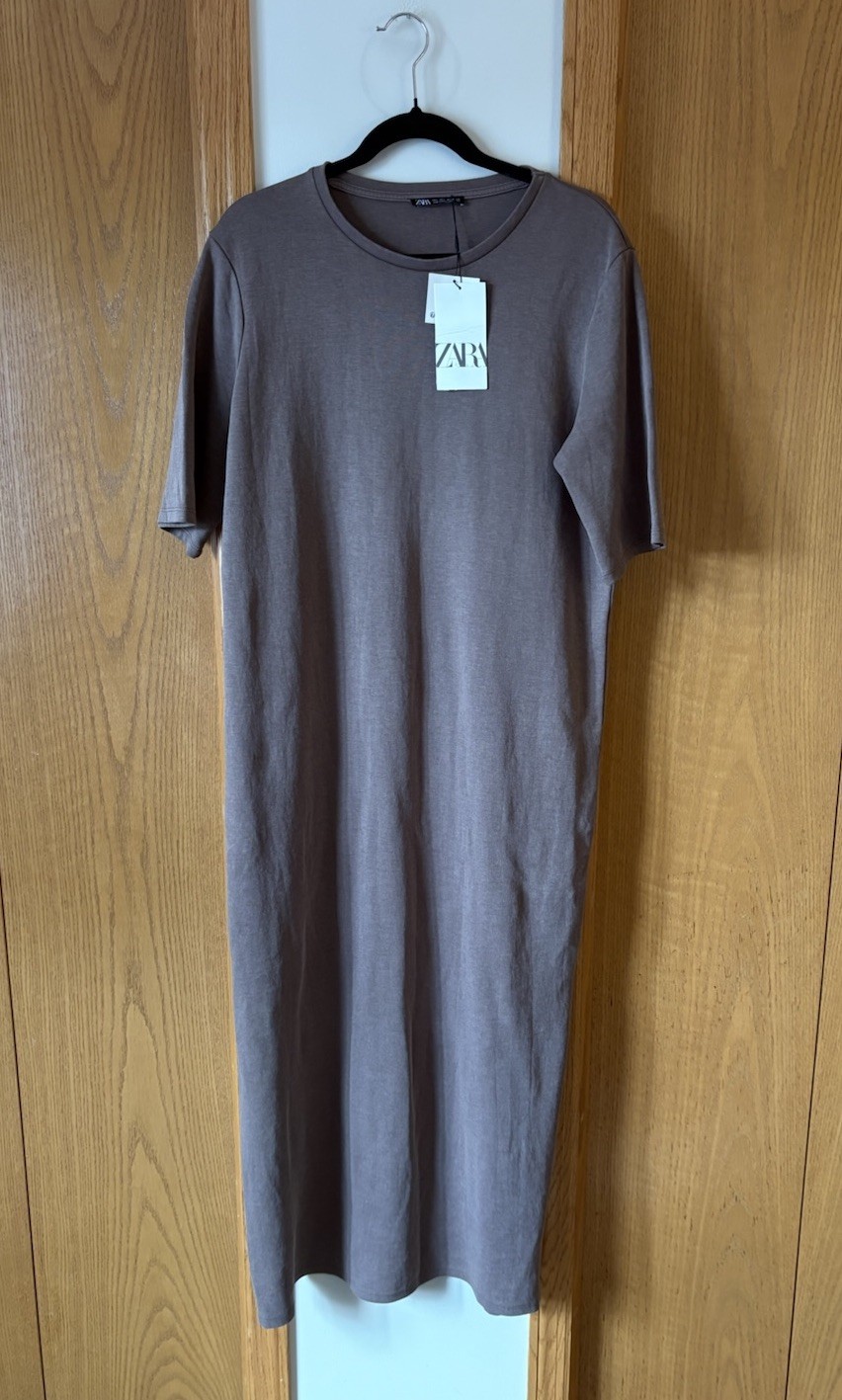 Zara Elbow Sleeve Brown Stretch T-Shirt Maxi Dress Sz L NWT