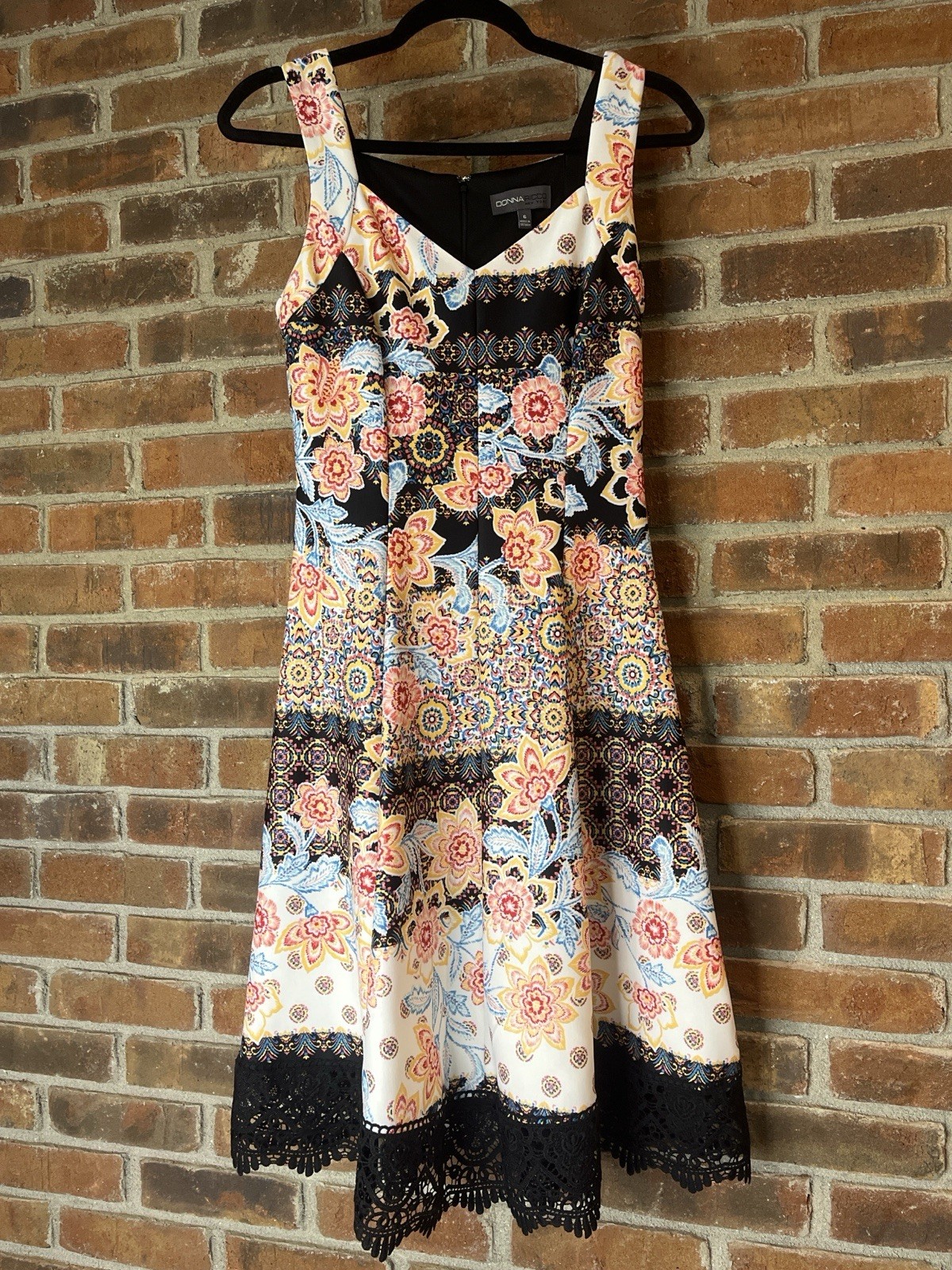 Donna Ricco New York Black Multicolor Floral Lace Knee V-Neck Dress Sleeveless 6