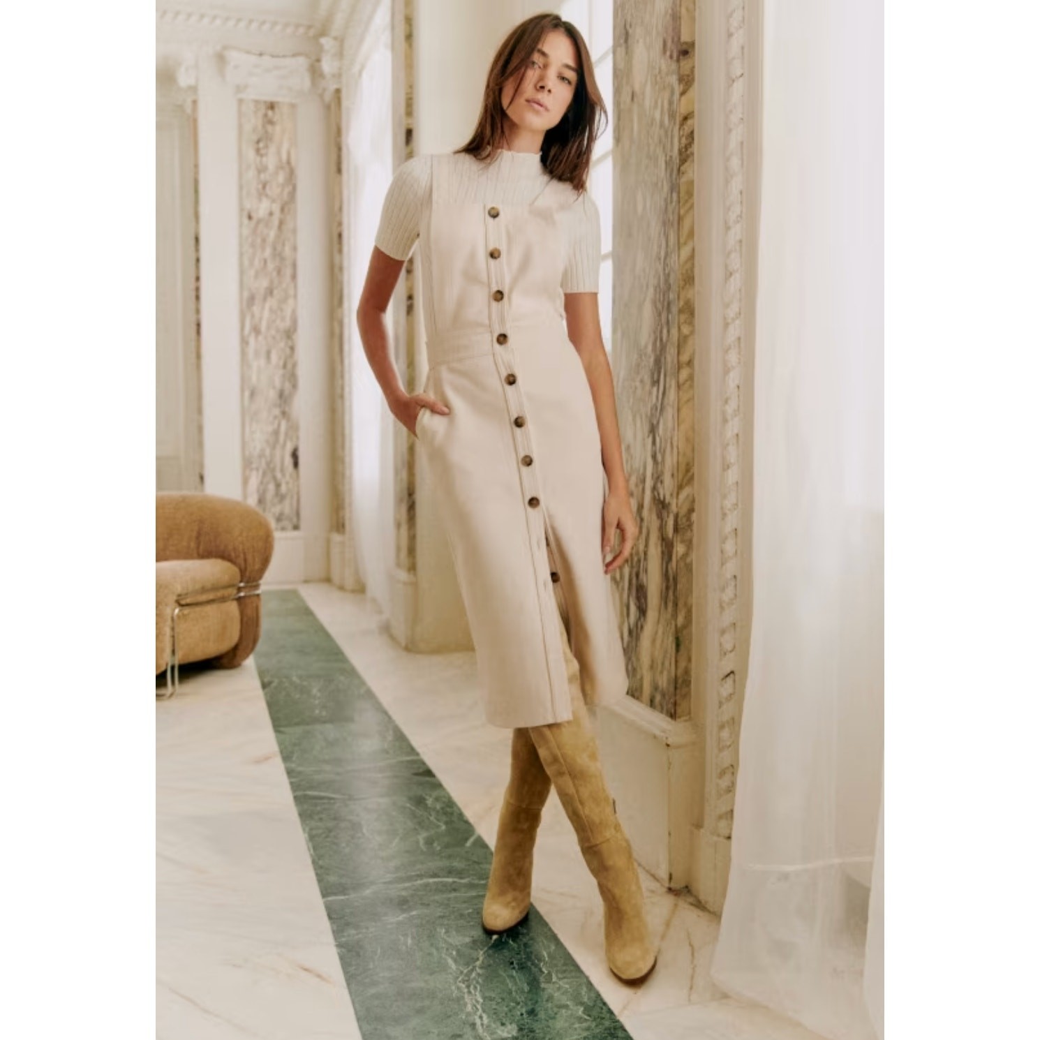Sezane Dania White Ribbed Overall Bib Midi Dress Size 34/US 2