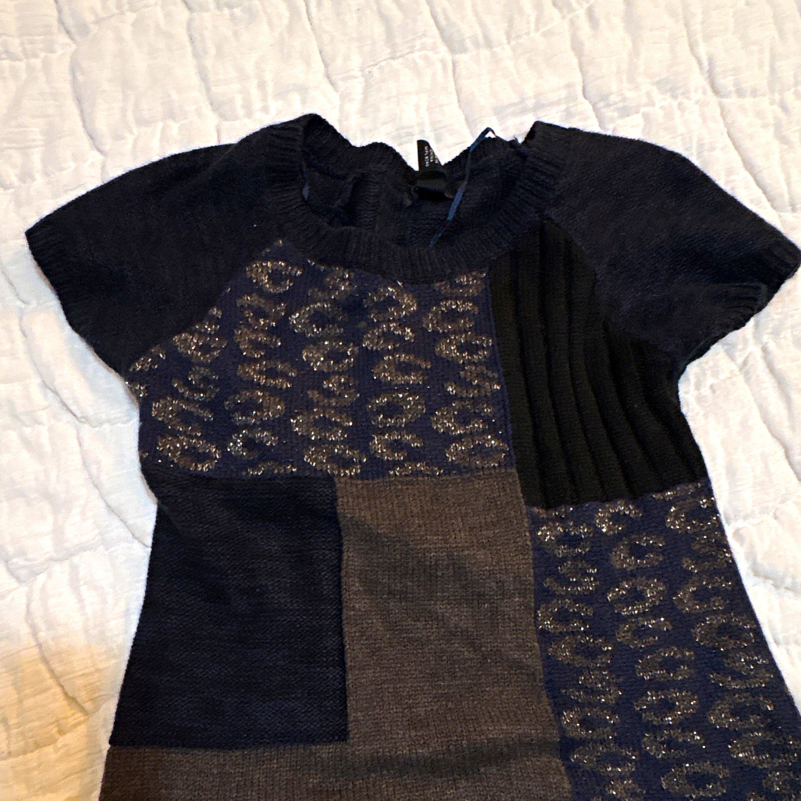 Style & co Petites P/M Black Gray Knit T-Shirt Dress Scoop Neck Pleated