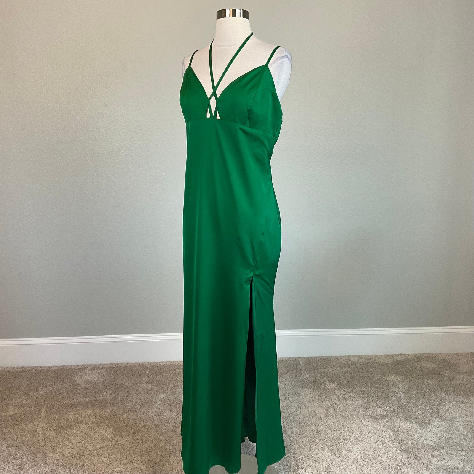 AQUA Green Cocktail Dress Satin Strappy Backless A-Line Midi Slip Size XL