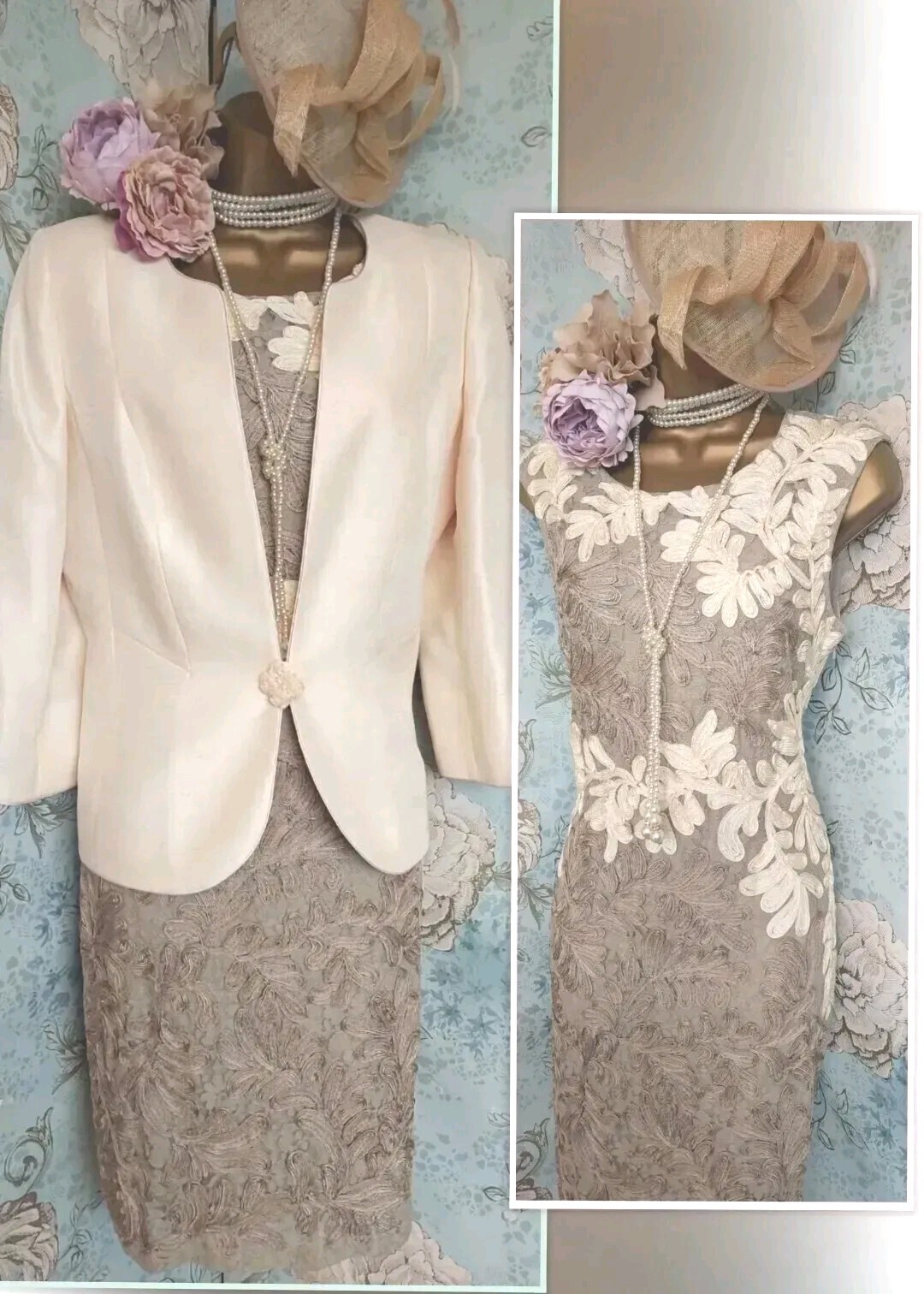 ROMAN Jacques Vert cream Beige lace Cornelli Dress Jacket Wedding Evening 10 12