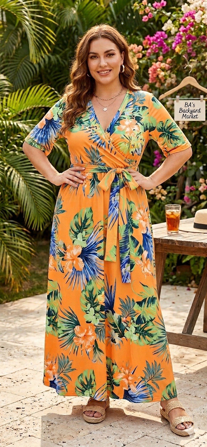Tropical Floral Maxi Dress 2XL Orange Green Monstera Hibiscus Faux Wrap Summer