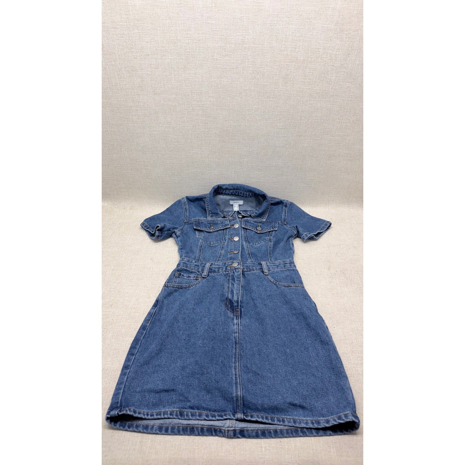Forever 21 Medium Wash Denim Mini Dress Short Sleeve Size XS Blue Button Up