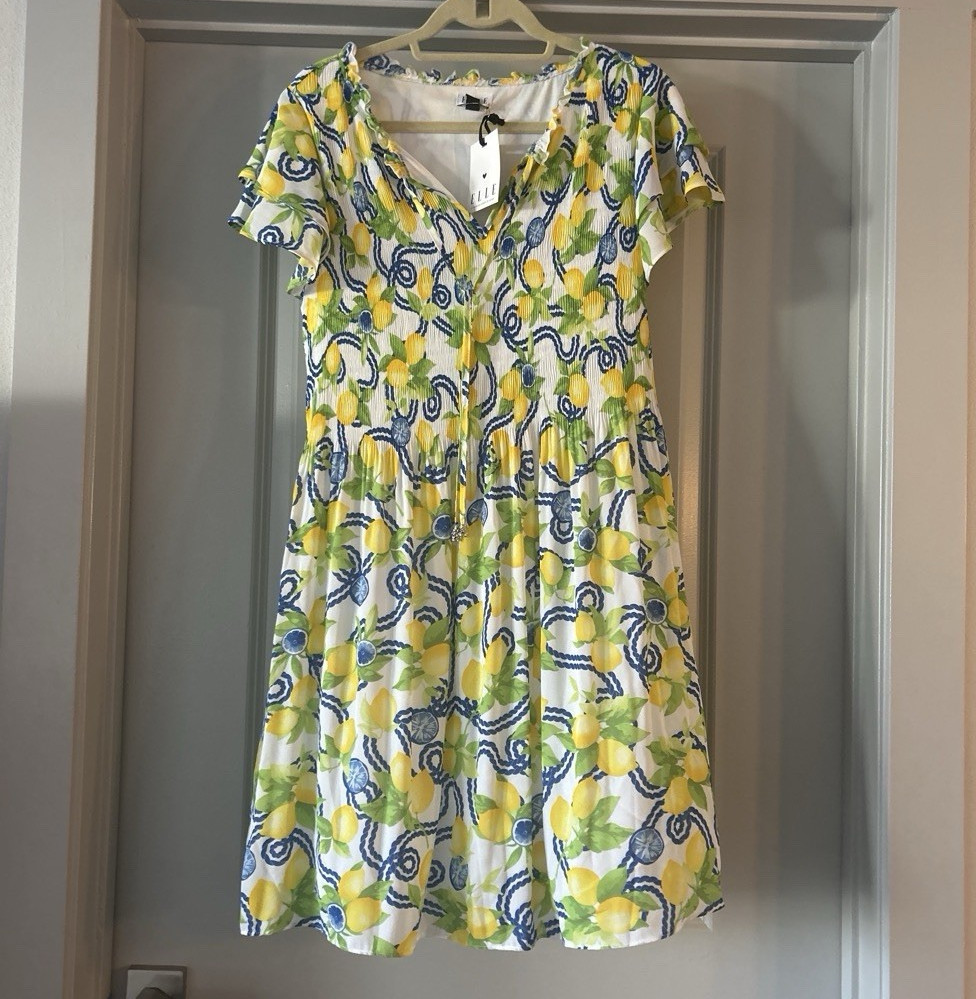 ELLE Women’s L White/Yellow/Blue/Green Floral V-Neck A-Line Ruffle Dress