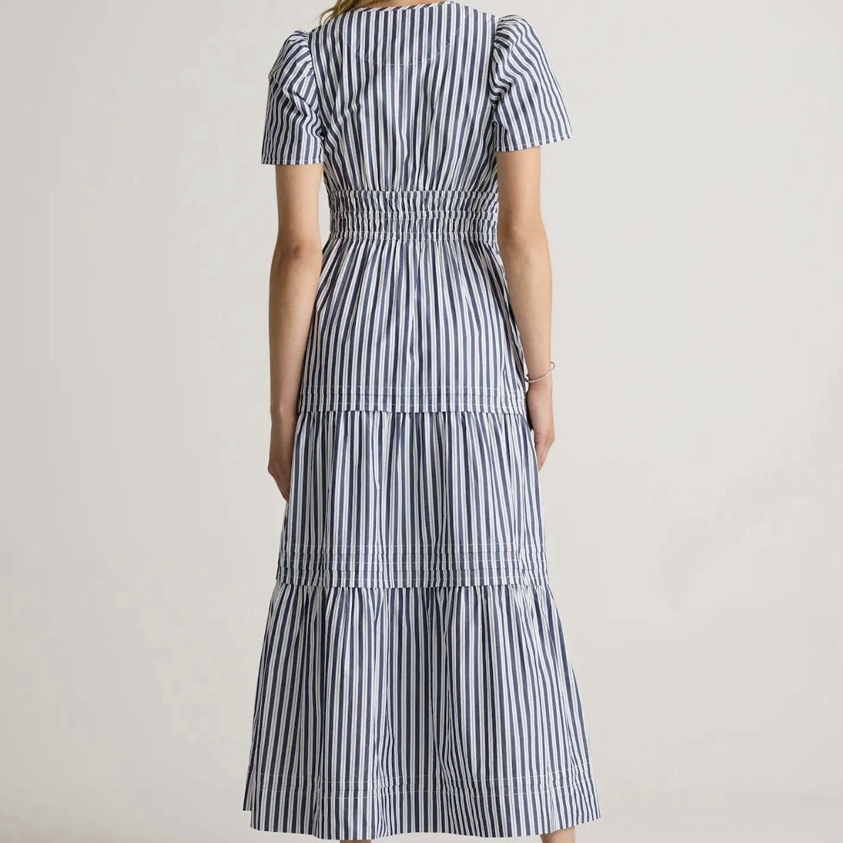 Quince Women’s Blue/White Striped A-Line Midi Dress XL V-Neck Smocked Tiered