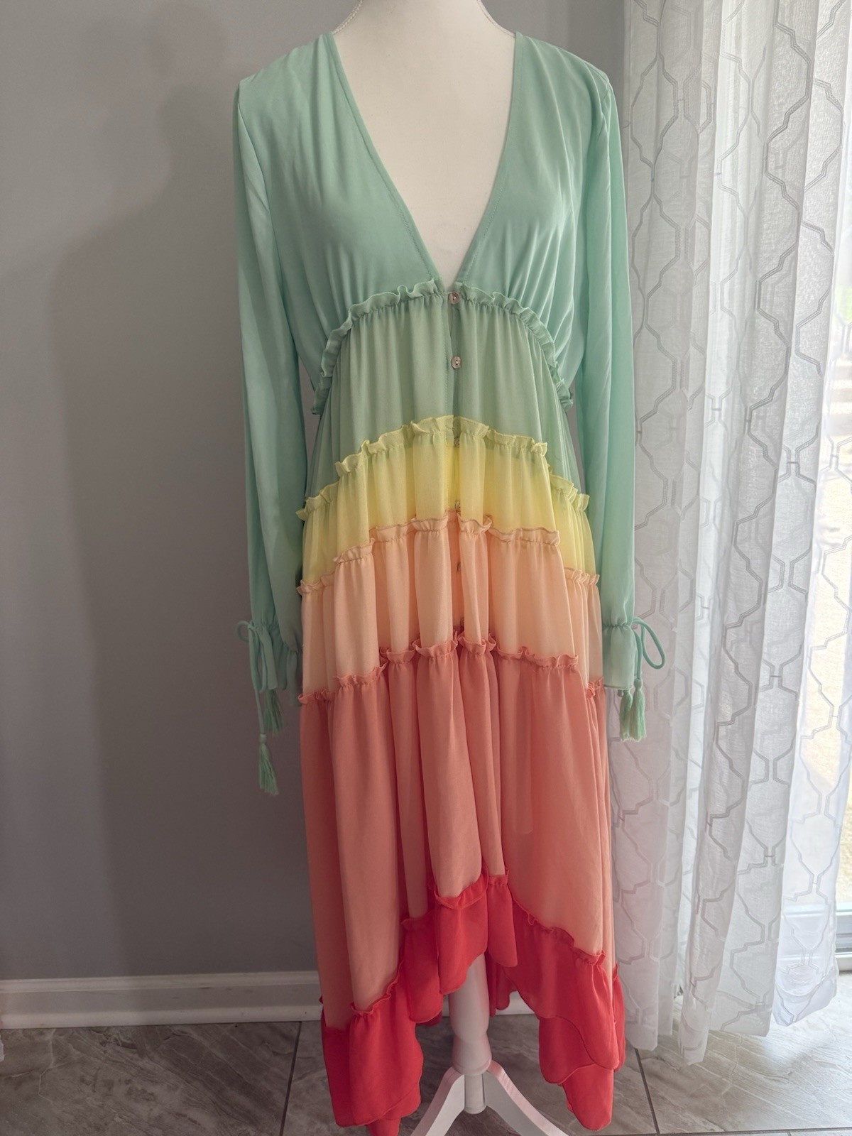 VICI Collection Wavelength Rainbow Tiered Ruffle Maxi Dress Size L