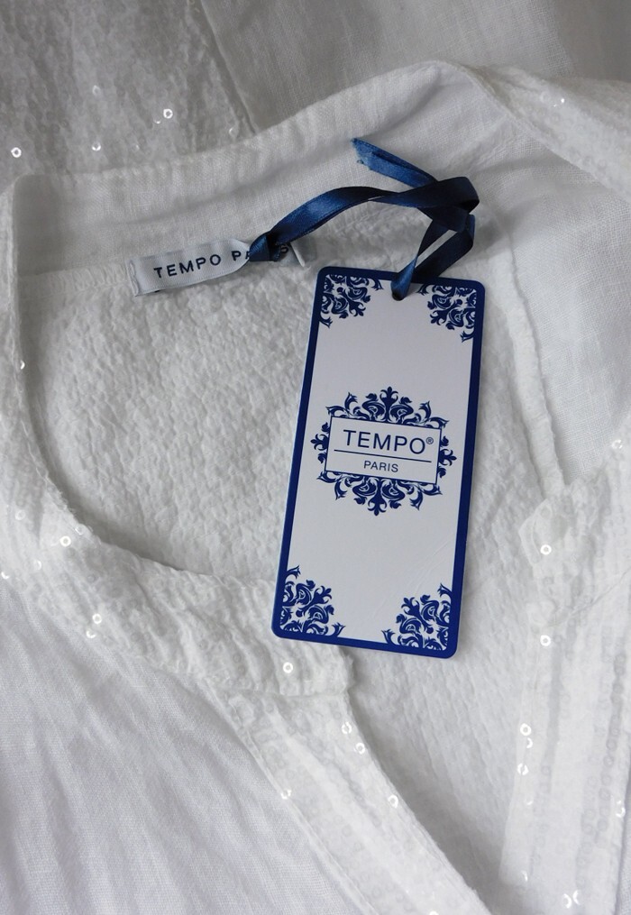 TEMPO PARIS Linen Gauze Shirt Dress Sequin Rounded Hem Pockets White M/L NWT