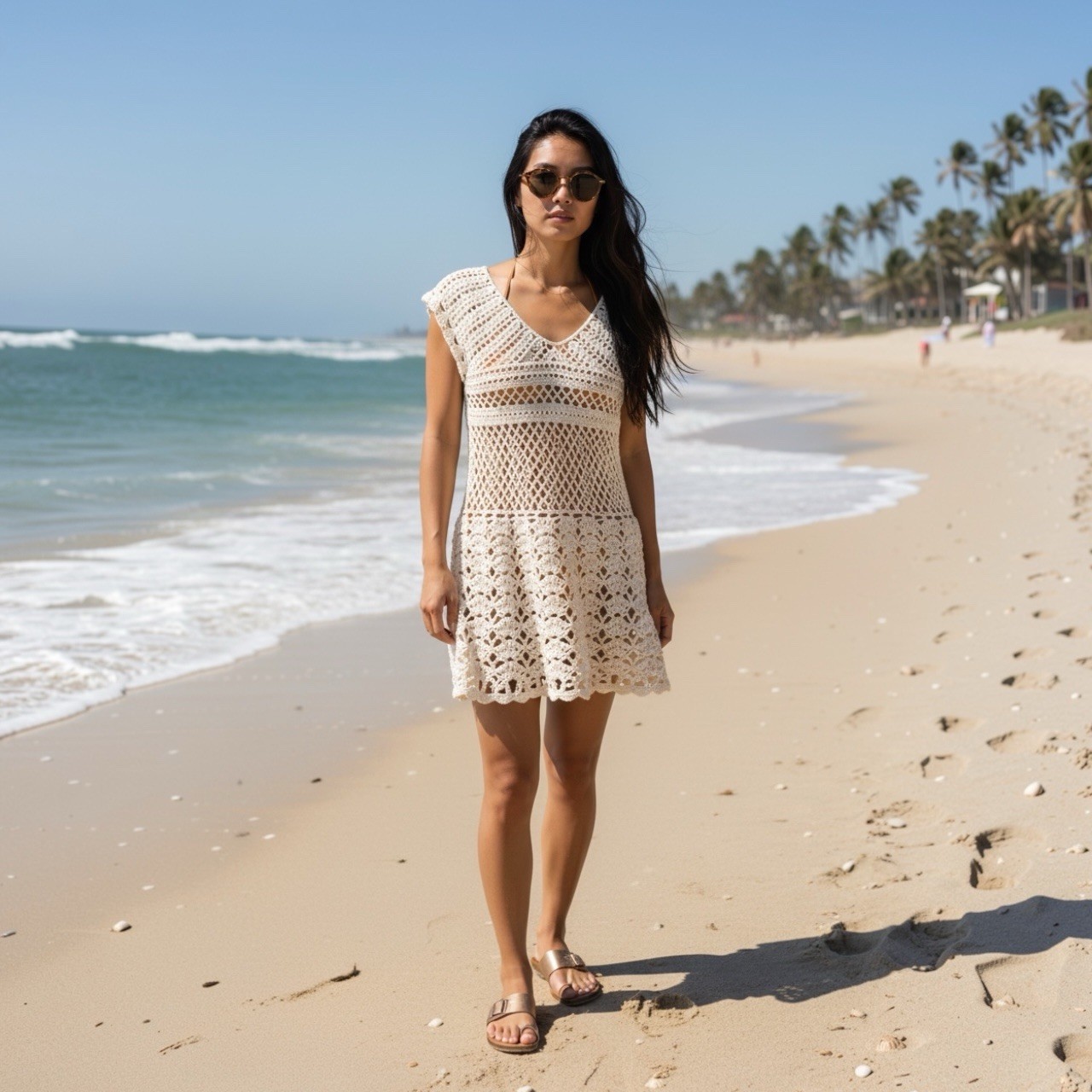 Lord & Taylor Cream Crochet Knit Mini Dress Swim Cover Up Boho XL