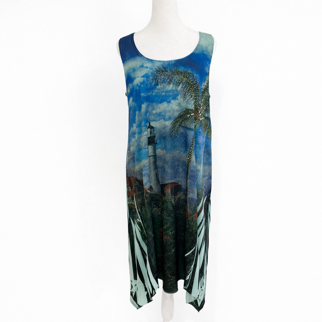Jostar Blue Tropical Lighthouse Palm Tree Beaded Tank Dress Women M Vacation USA