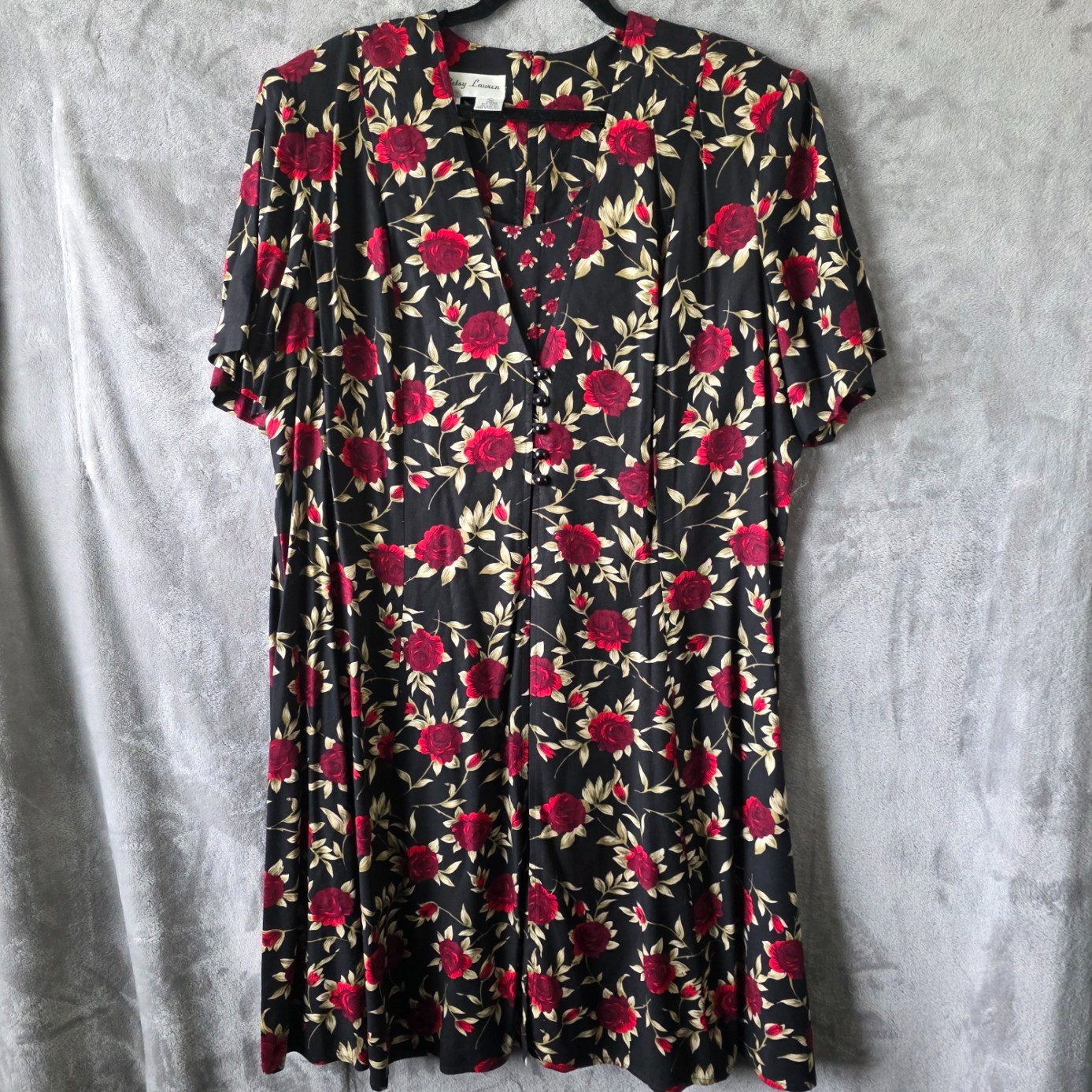 Betsy Lauren 90s Vintage Black Dress with Red Flowers Size 20W Pristine