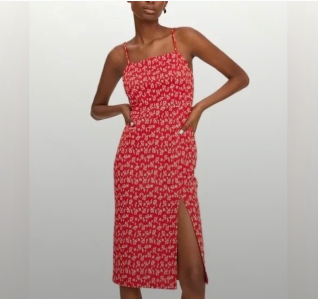 Zara Spaghetti Strap Red Floral Square Neckline Midi Sweater Dress Small