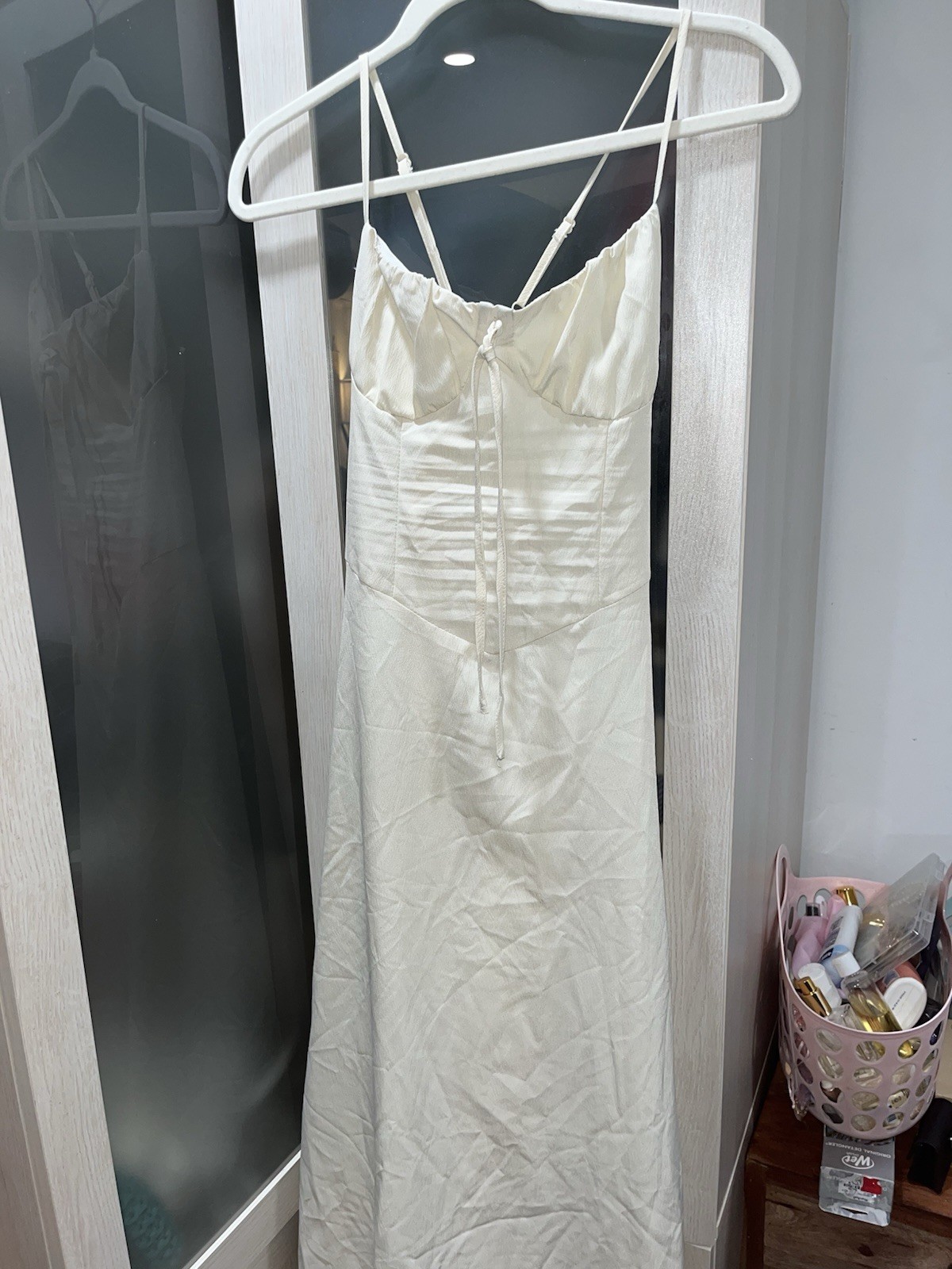 SHEIN Ivory Satin Polyester Maxi Dress Sweetheart Lace Up Adjustable Straps S