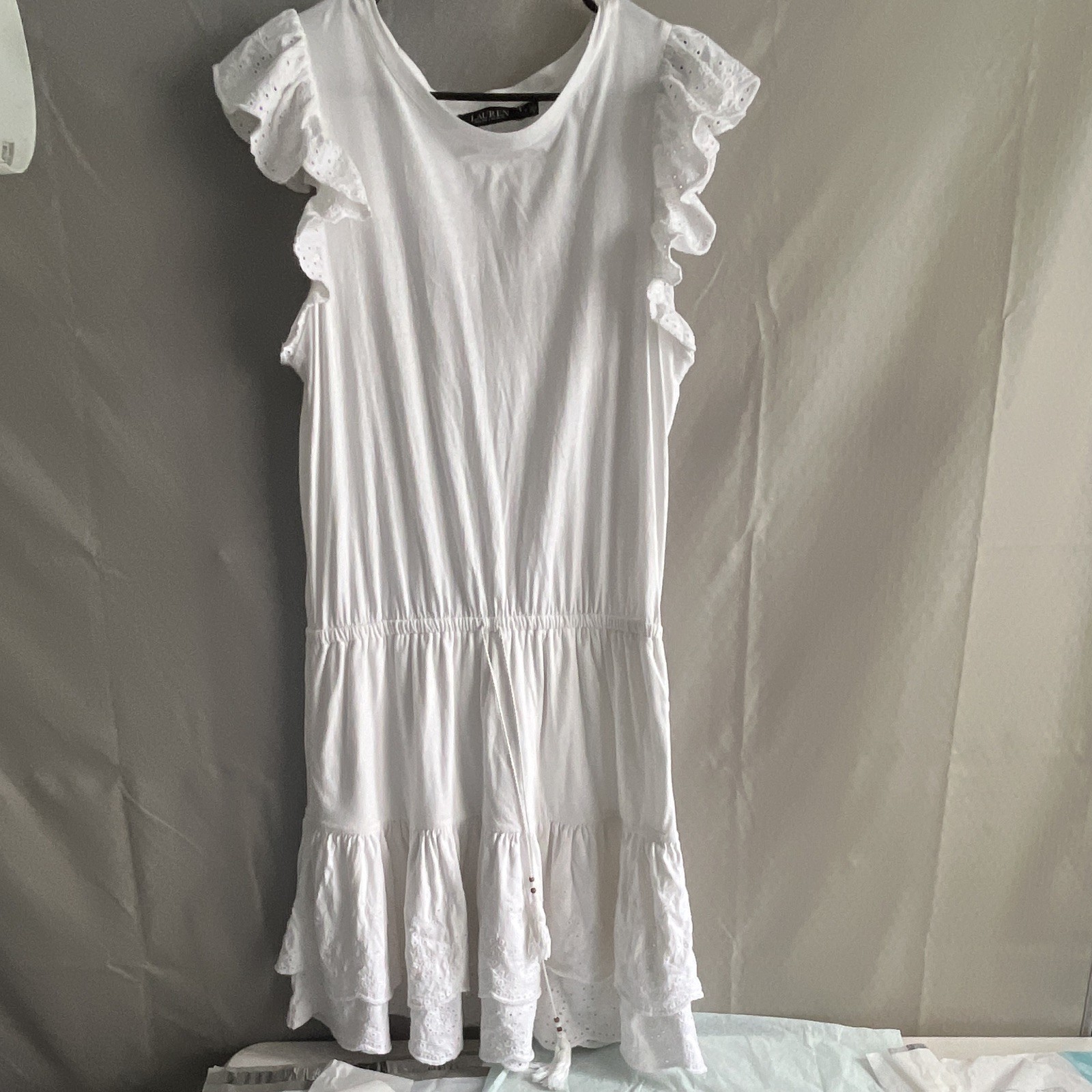 Lauren Ralph Lauren White Ruffle Sleeve Round Neck Drawstring Dress 8