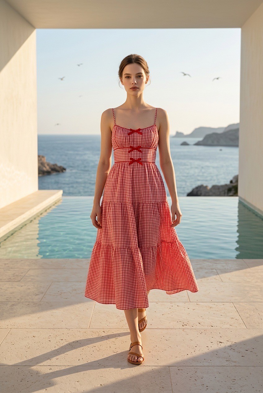 NWOT House of Harlow 1960 Red Gingham Cotton Midi Dress Women’s M Smocked