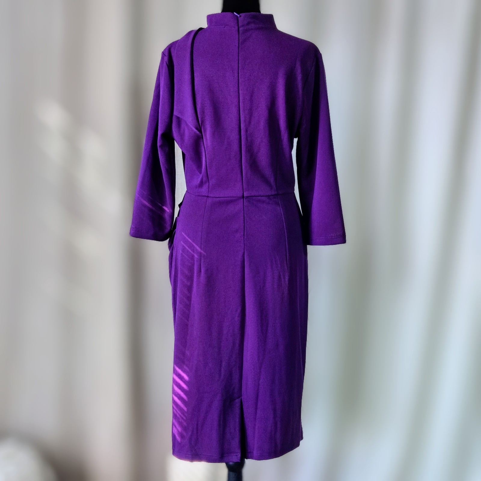 Miusol L Purple Retro Tie Neck Ruched Sheath Midi Dress Half Collar Career