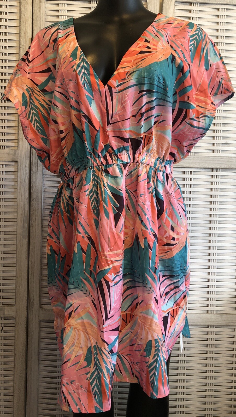 NWT CupShe Womens MEDIUM Beach Cover up Leaf Pink Orange Green Midi Dress