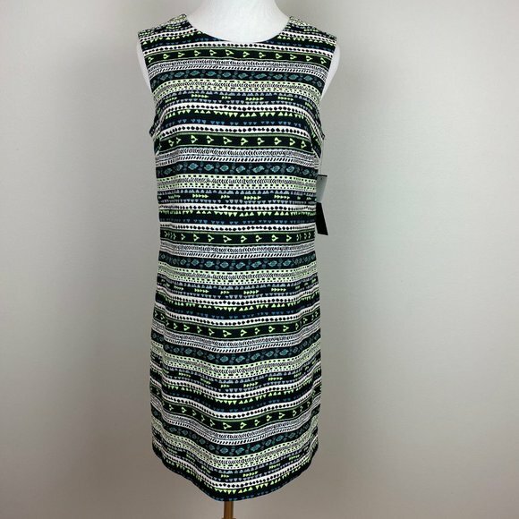 Cynthia Steffe Dress 6 Neon Green Black Mini Shift Tribal Print Exposed Zip New