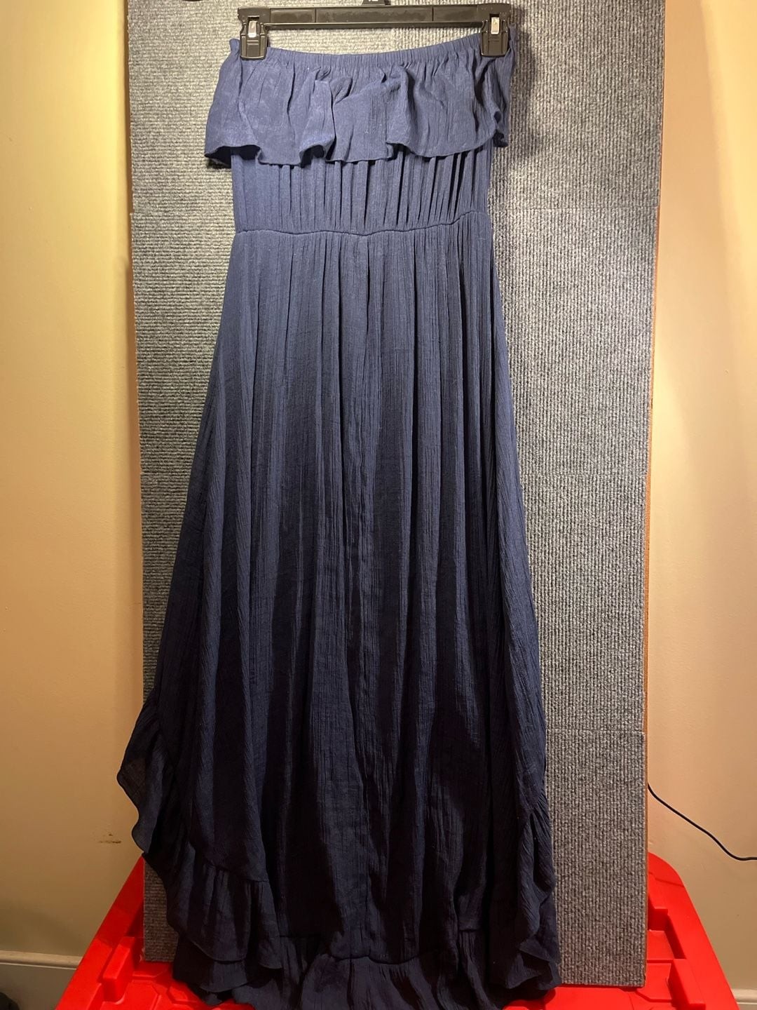 Entro Off-The-Shoulder Ruffle Asymmetric Hem Maxi Dress in Navy