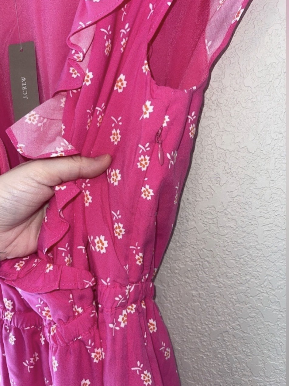 J.CREW Pink White Floral Wrap Dress V-Neck Cap Sleeve Ruffle Knee Length 0