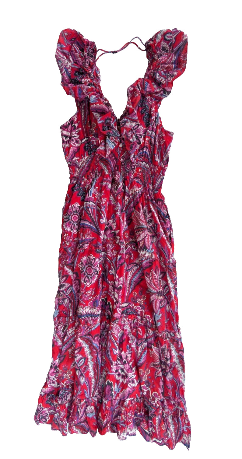 Caroline Constas Floral Maxi Dress Pink Red Paisley Smocked Cotton Women’s L
