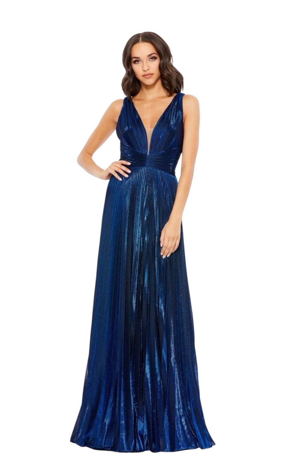 Mac Duggal 50640 Sapphire Metallic Pleated Plunge Neck Gown Size 14 $478