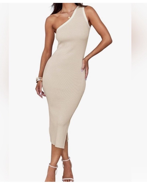 ZESICA One Shoulder Bodycon Dress Women’s Medium Ribbed Beige White NWOT