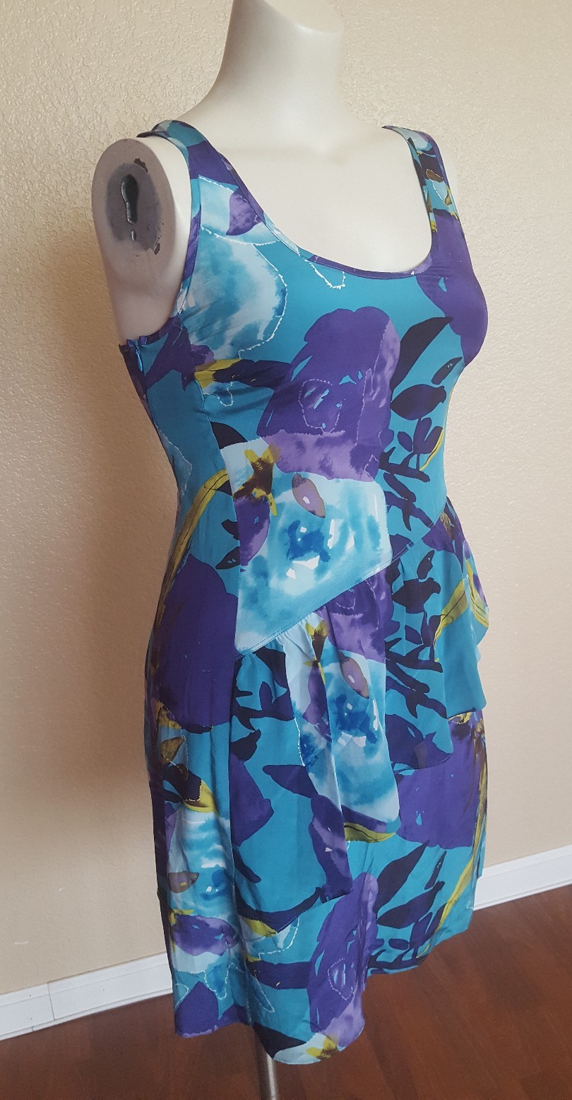 Trina Turk Tropical Floral Rachelle Silk Ruffle Shift Dress Size 10 Turquoise
