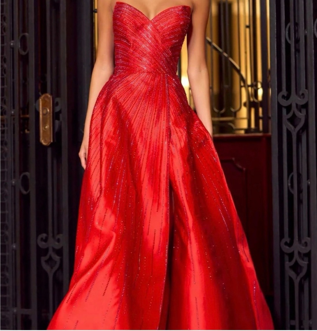 Sherri Hill 55115 – Strapless mikado ball gown with hot fix and high slit skirt
