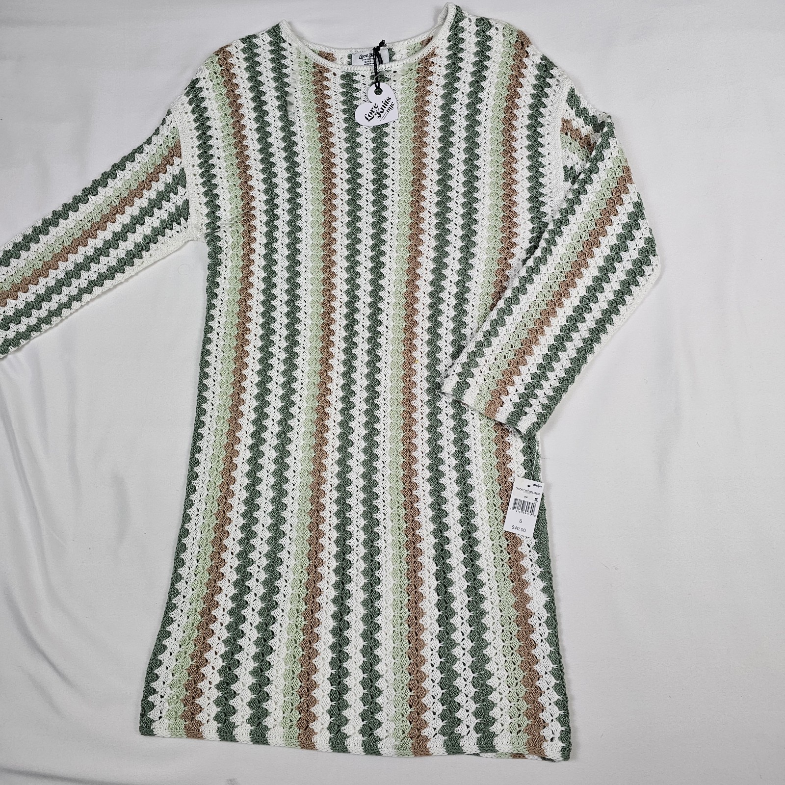 Crochet Knit Mini Sweater Dress Long Sleeve Sage Green Tan White Size S