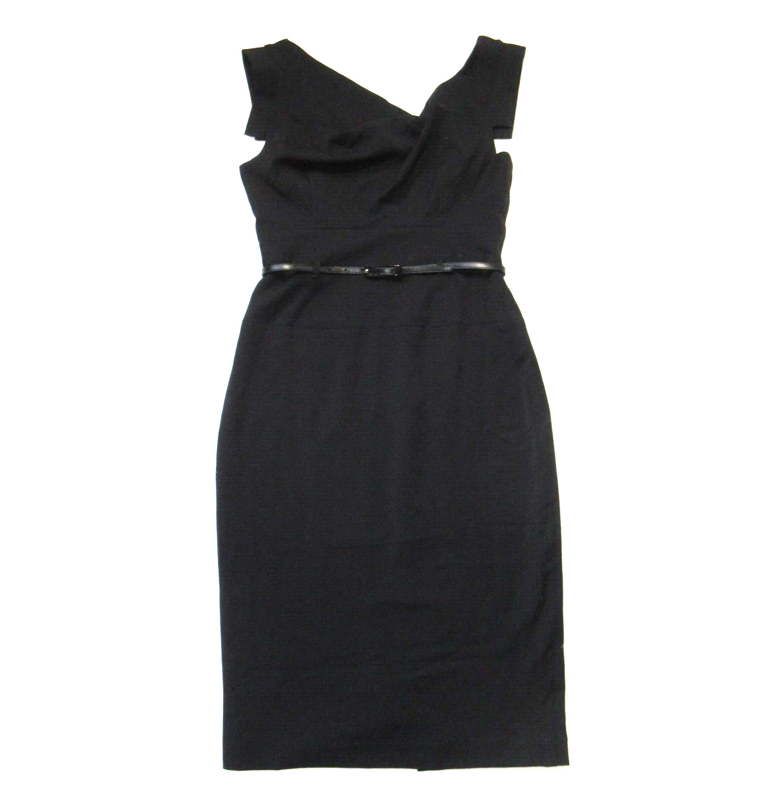 NWT Black Halo Jackie in Black Stretch Gabardine Belted Sheath Dress 8 $375