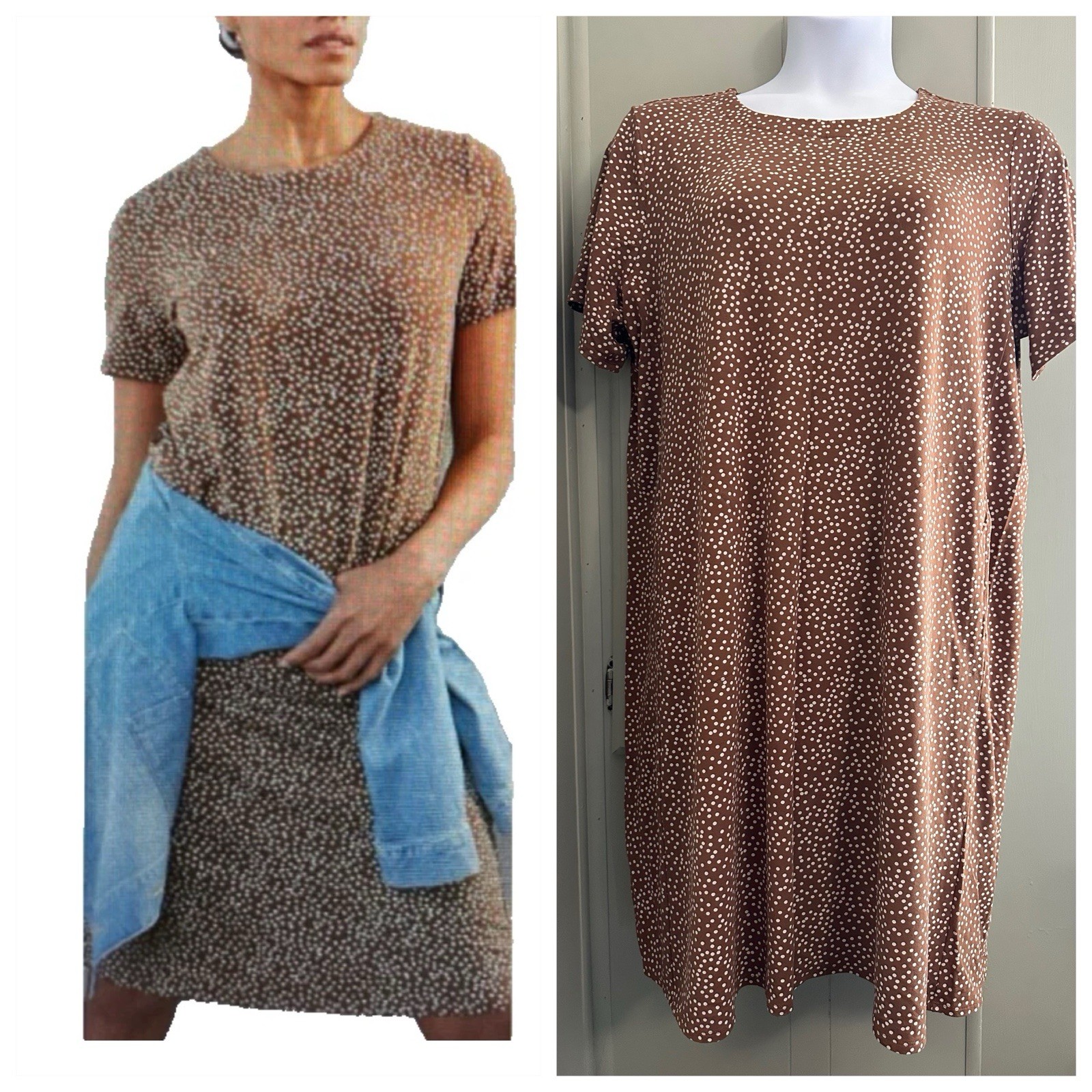 J.Jill 2X Wearever A-Line Dress Polka Dots Latte Brown White 2 Side Pockets