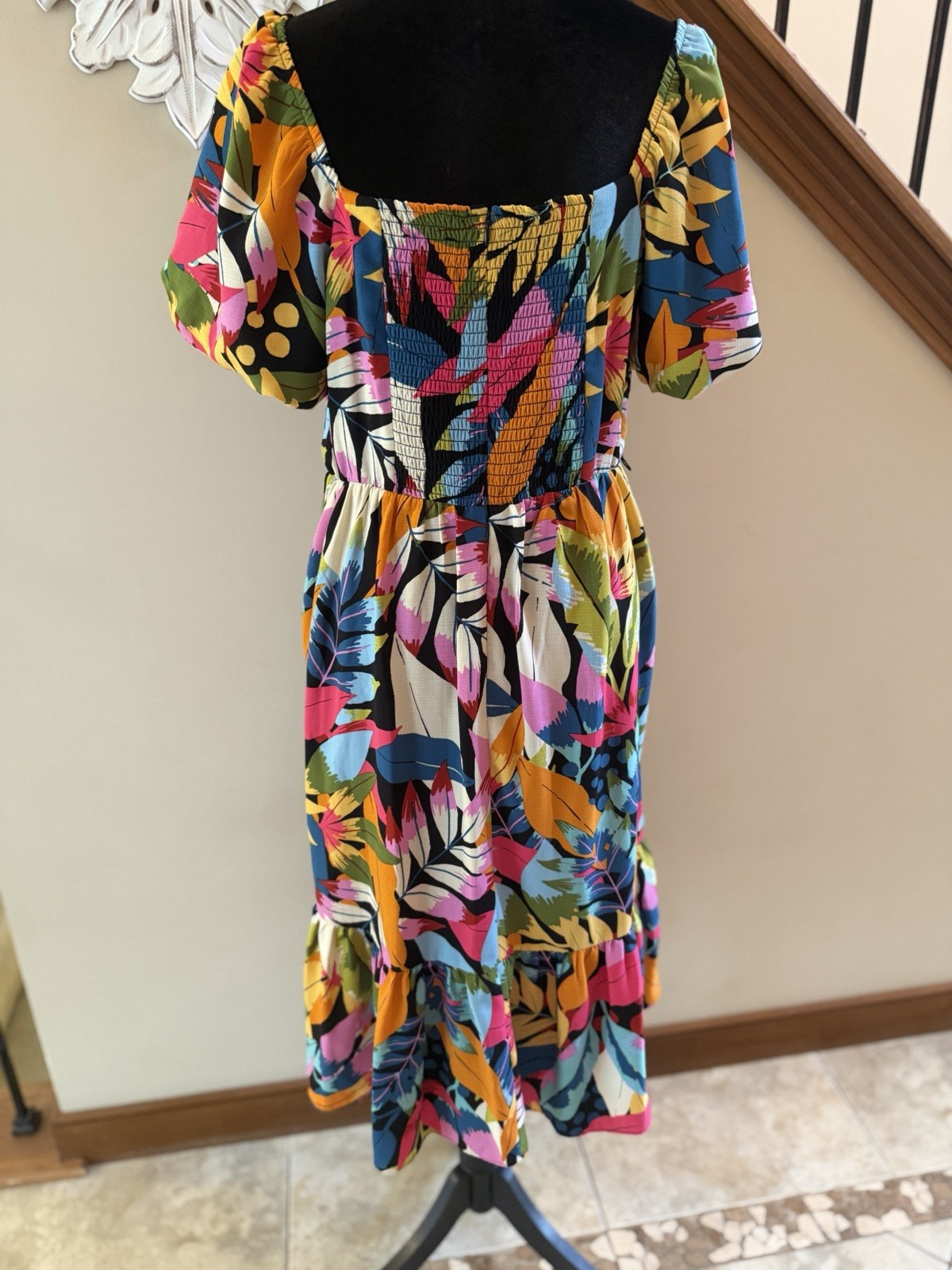 Maia Dress Multicolor Floral Midi A-Line Square Neck Smocked Puff Sleeve 8