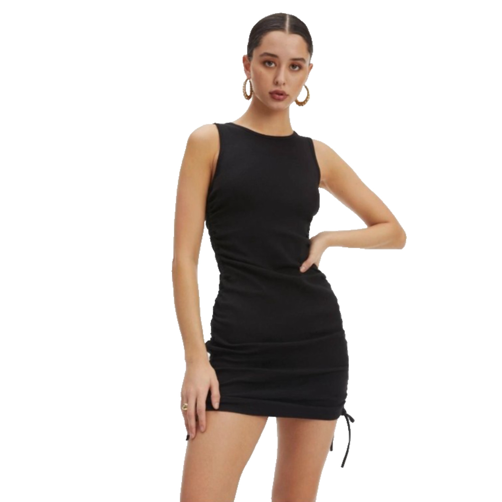 Good American Womens Black Ruched Tank Mini Dress Organic Cotton Sz 2 Med