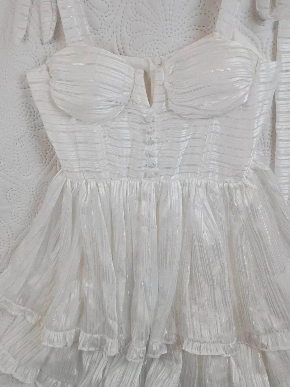 NWOT White Shimmer Tiered Ruffle Mini Dress | Size S | Boutique Style